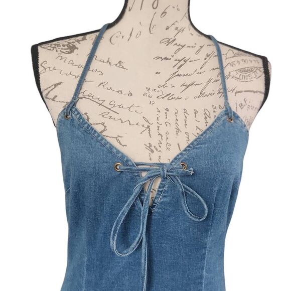 Mebon by Machine Jeans Ladies Size Large Blue Stretchy V-Neck Flirty Mini Dress - Picture 4 of 6